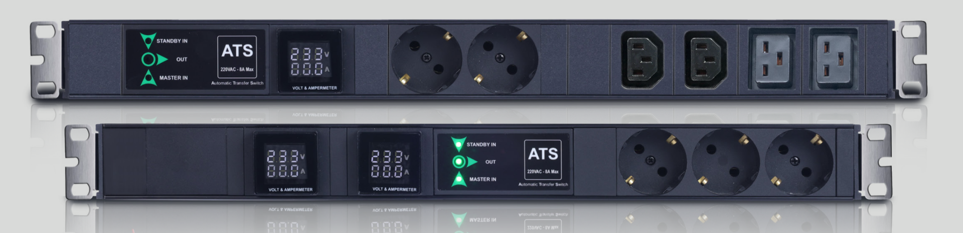 Dorax Metered PDU ATS 19'' 1x Çıkış, 1U, C19 Soketli Giriş Kablolu