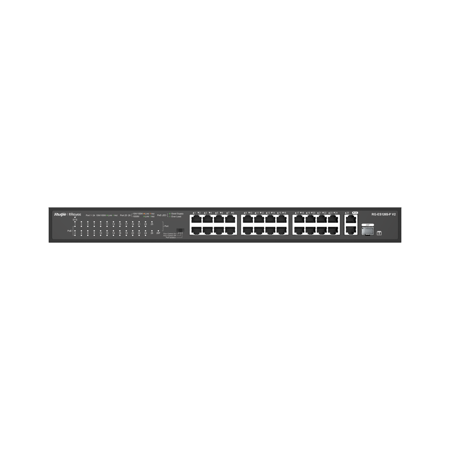 Reyee RG-ES126S-P 26 Portlu, 10/100 Fast Ethernet, Tak Çalıştır Switch, 1 Gigabit Uplink, 1 Gigabit Combo, 24 Port PoE+ (370W)
