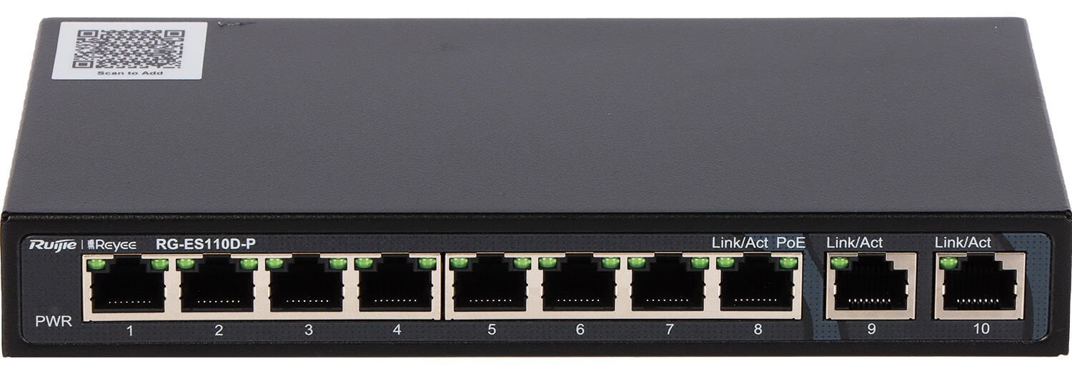 Reyee RG-ES110D-P 10 Portlu, 10/100 Fast Ethernet, Tak Çalıştır Switch, 2 Gigabit Uplink, 8 Port PoE+ (110W)