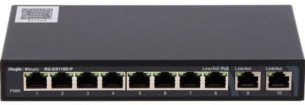 Reyee RG-ES110D-P 10 Portlu, 10/100 Fast Ethernet, Tak Çalıştır Switch, 2 Gigabit Uplink, 8 Port PoE+ (110W)
