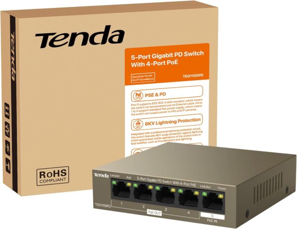 TENDA TEG1105PD 5 PORT 10/100/1000 4 PORT POE YONETILEMEZ RACK MOUNT SWITCH