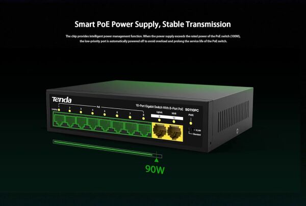 TENDA SG110PC 10 PORT 10/100/1000 8 PORT POE 2 PORT UPLINK 100W YONETILEMEZ DESKTOP SWITCH