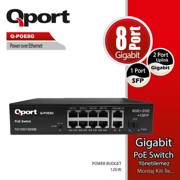 QPORT Q-POE8G 8 PORT 10/100/1000 8 PORT POE 2 PORT UPLINK 120W YONETILEMEZ DESKTOP SWITCH