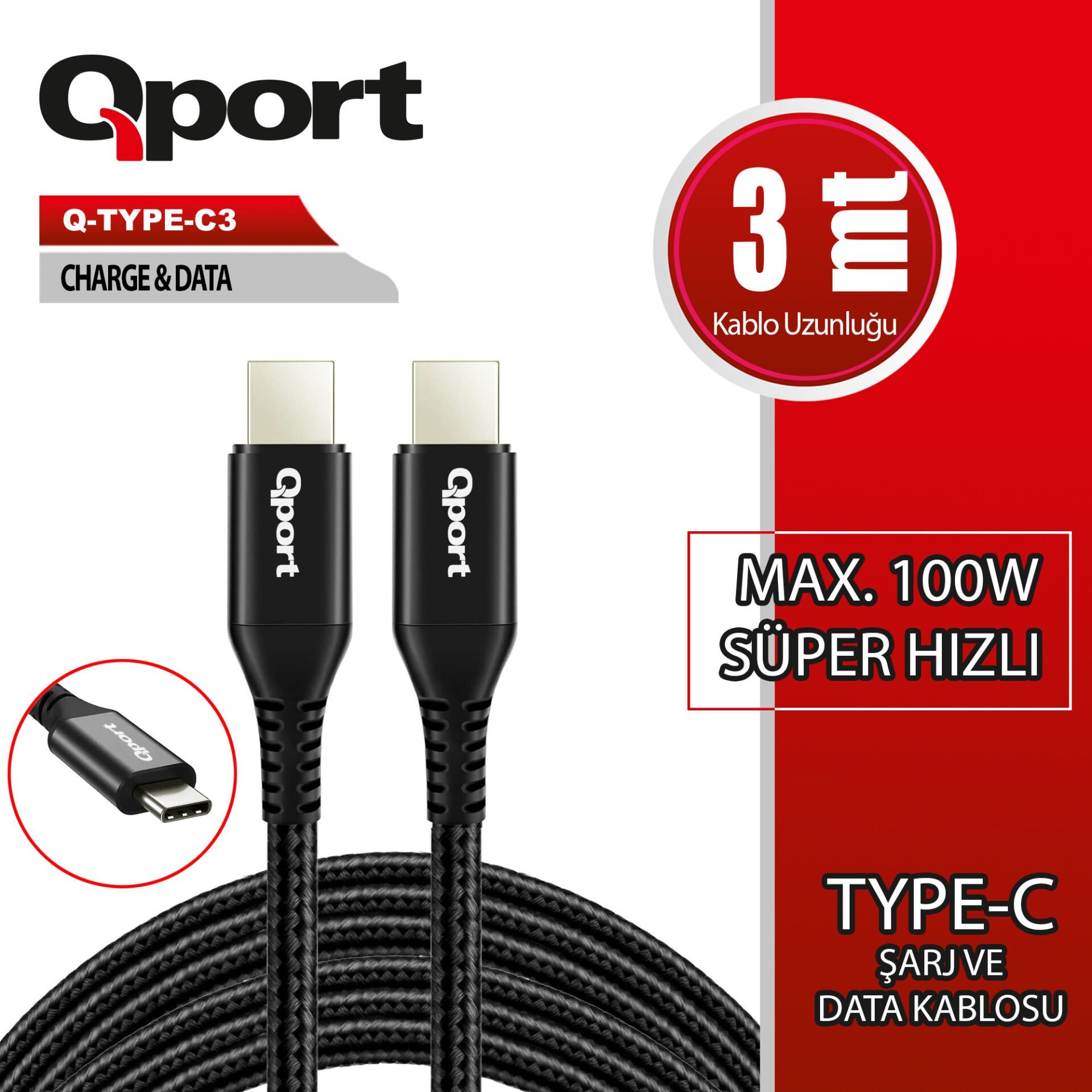 QPORT Q-TYPE-C3 3M TYPE-C 100W ŞARJ VE DATA KABLOSU